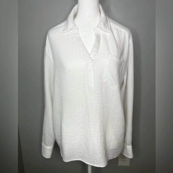 CeCe Womens Popover White Cotton Long Sleeve Button-Down Shirt Size M - Picture 5 of 12